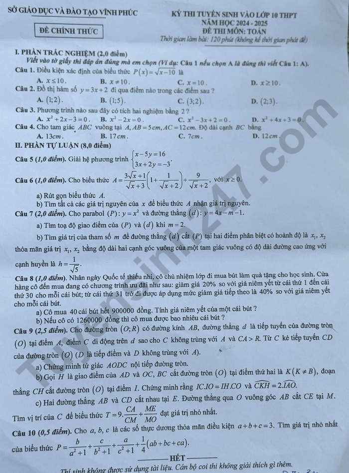 Đề thi môn Toán vào lớp 10 năm 2024 của Vĩnh Phúc có gợi ý đáp án- Ảnh 2.