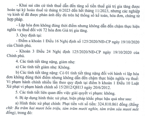 Vi phạm hành chính về thuế, An Tiến Industries bị xử phạt 324 triệu đồng- Ảnh 1.