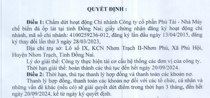 Phú Tài (PTB) giải thể Nhà máy chế biến đá ốp lát tại tỉnh Đồng Nai- Ảnh 1.