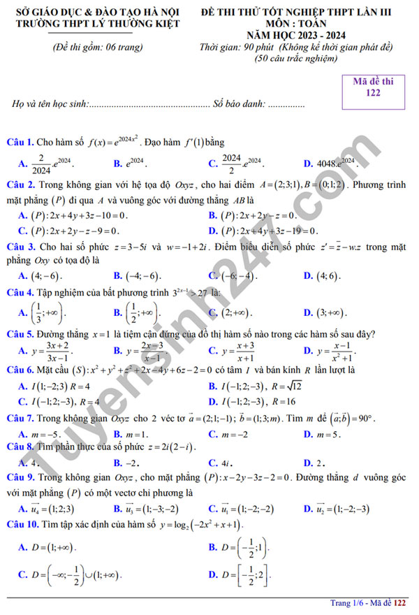 Đề thi thử tốt nghiệp THPT 2024 môn Toán có gợi ý đáp án của Trường THPT Lý Thường Kiệt, Hà Nội- Ảnh 1.