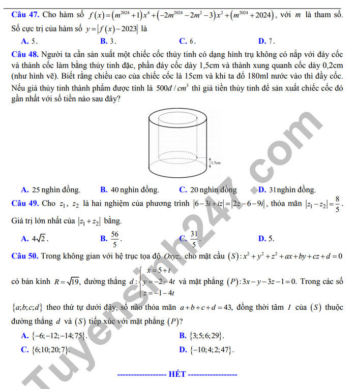 Đề thi thử tốt nghiệp THPT 2024 môn Toán có gợi ý đáp án của Trường THPT Lý Thường Kiệt, Hà Nội- Ảnh 6.