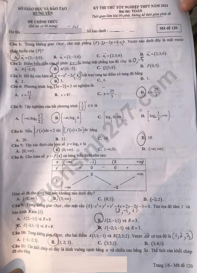 Đề thi thử tốt nghiệp THPT 2024 môn Toán của Hưng Yên có gợi ý đáp án - Ảnh 1.