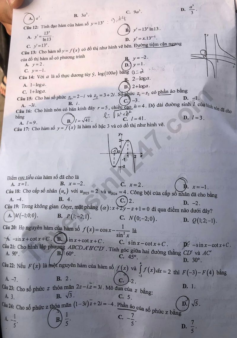 Đề thi thử tốt nghiệp THPT 2024 môn Toán của Hưng Yên có gợi ý đáp án - Ảnh 2.