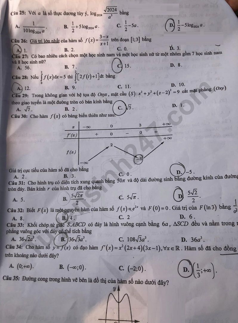 Đề thi thử tốt nghiệp THPT 2024 môn Toán của Hưng Yên có gợi ý đáp án - Ảnh 3.