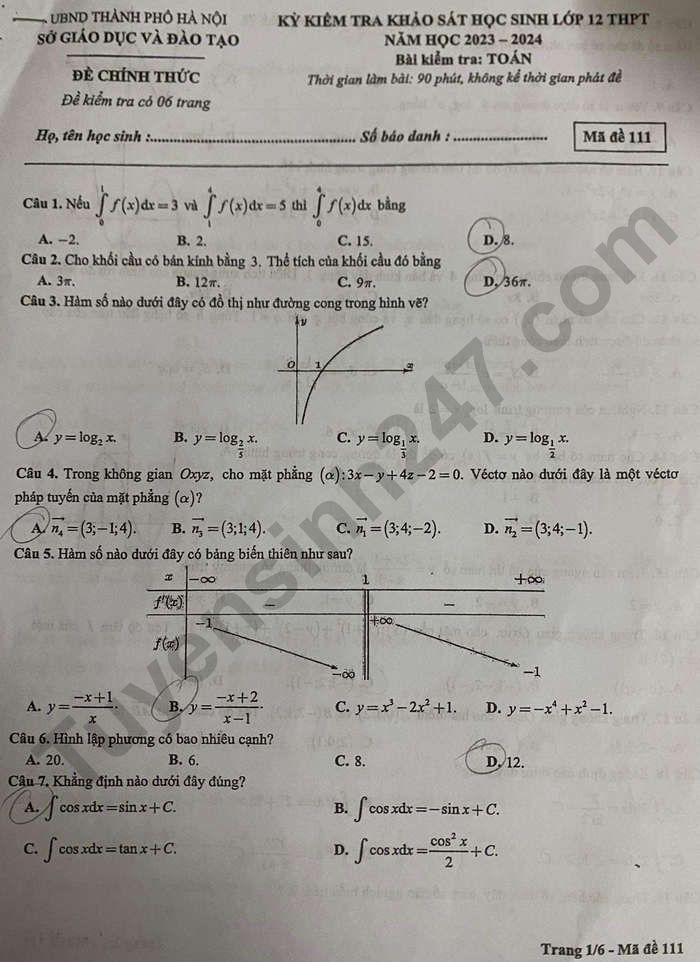 Đề thi thử tốt nghiệp THPT 2024 môn Toán của Sở GDĐT Hà Nội có gợi ý đáp án - Ảnh 2.