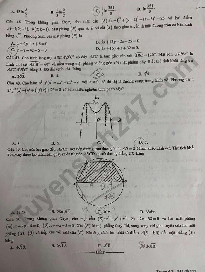 Đề thi thử tốt nghiệp THPT 2024 môn Toán của Sở GDĐT Hà Nội có gợi ý đáp án - Ảnh 7.