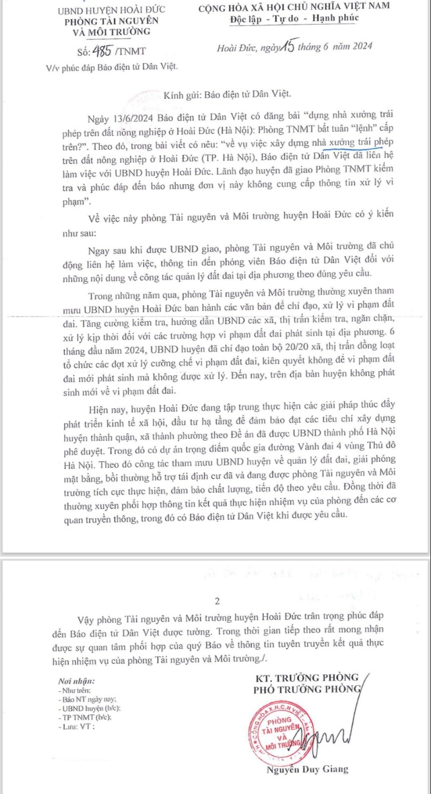 Phòng TNMT huyện Hoài Đức (Hà Nội) gửi văn bản thông tin "một nửa sự thật" phúc đáp Báo Dân Việt- Ảnh 4.
