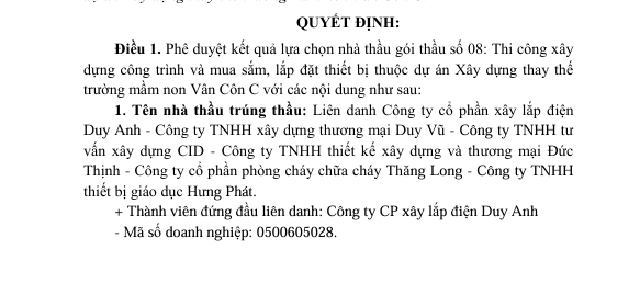 Liên danh 6 nhà thầu trúng gói xây dựng trường mầm non 109 tỷ đồng tại Hoài Đức- Ảnh 1.