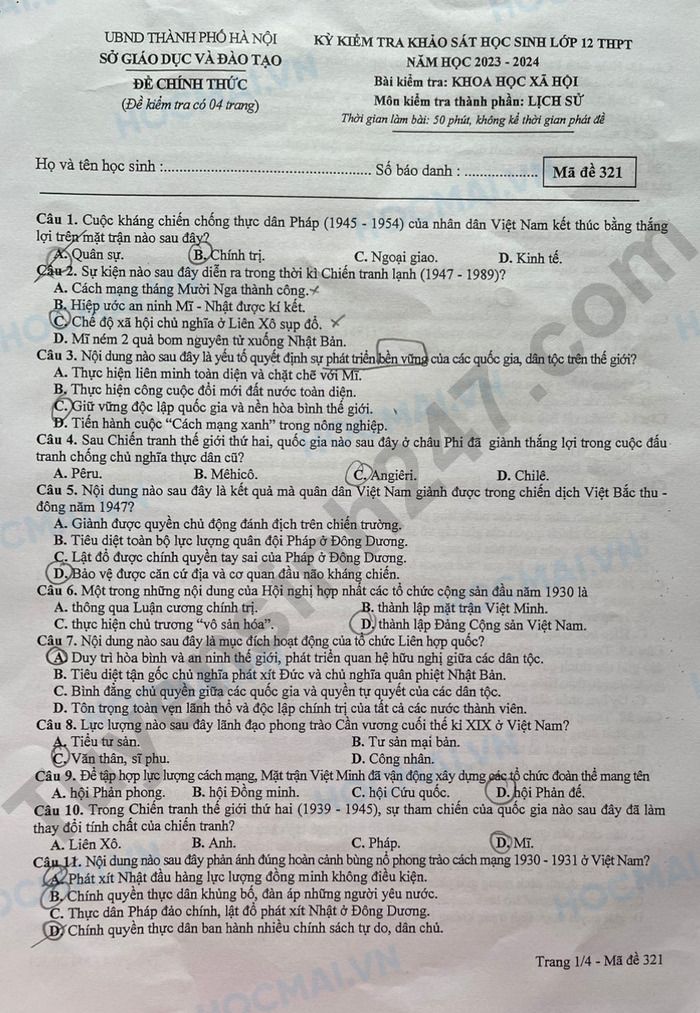 Đề thi thử môn Sử tốt nghiệp THPT 2024 có đáp án của Hà Nội tất cả mã đề - Ảnh 1.