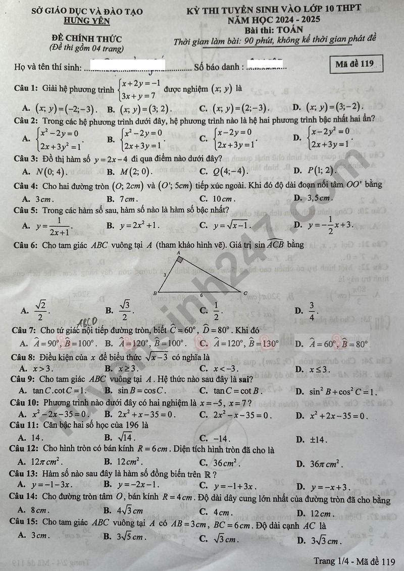 Đề thi môn Toán vào lớp 10 năm 2024 của Hưng Yên có gợi ý đáp án- Ảnh 1.