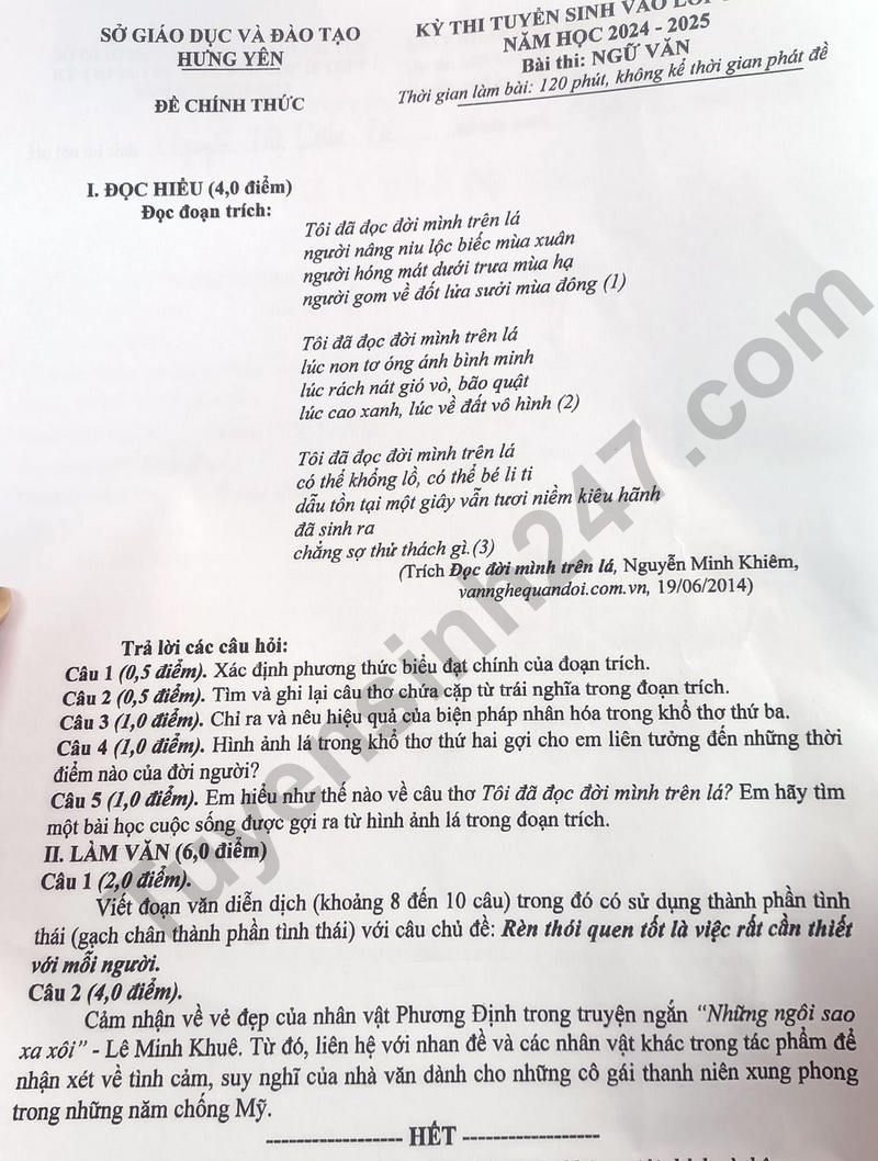 Đề thi môn Văn vào lớp 10 năm 2024 của Hưng Yên có gợi ý đáp án- Ảnh 1.