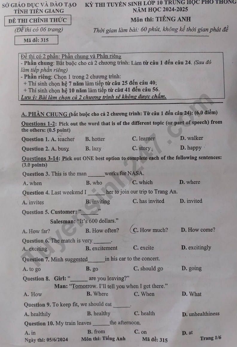 Đề thi môn Tiếng Anh vào lớp 10 năm 2024 của Tiền Giang có gợi ý đáp án- Ảnh 3.