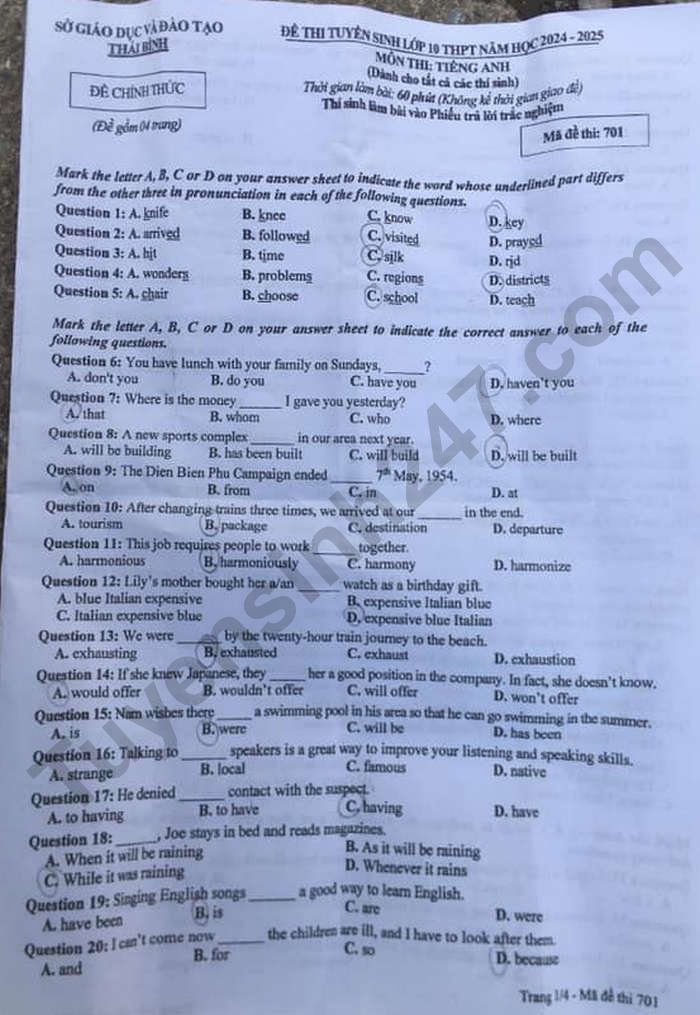 Đề thi môn Tiếng Anh vào lớp 10 năm 2024 của Thái Bình có gợi ý đáp án- Ảnh 2.