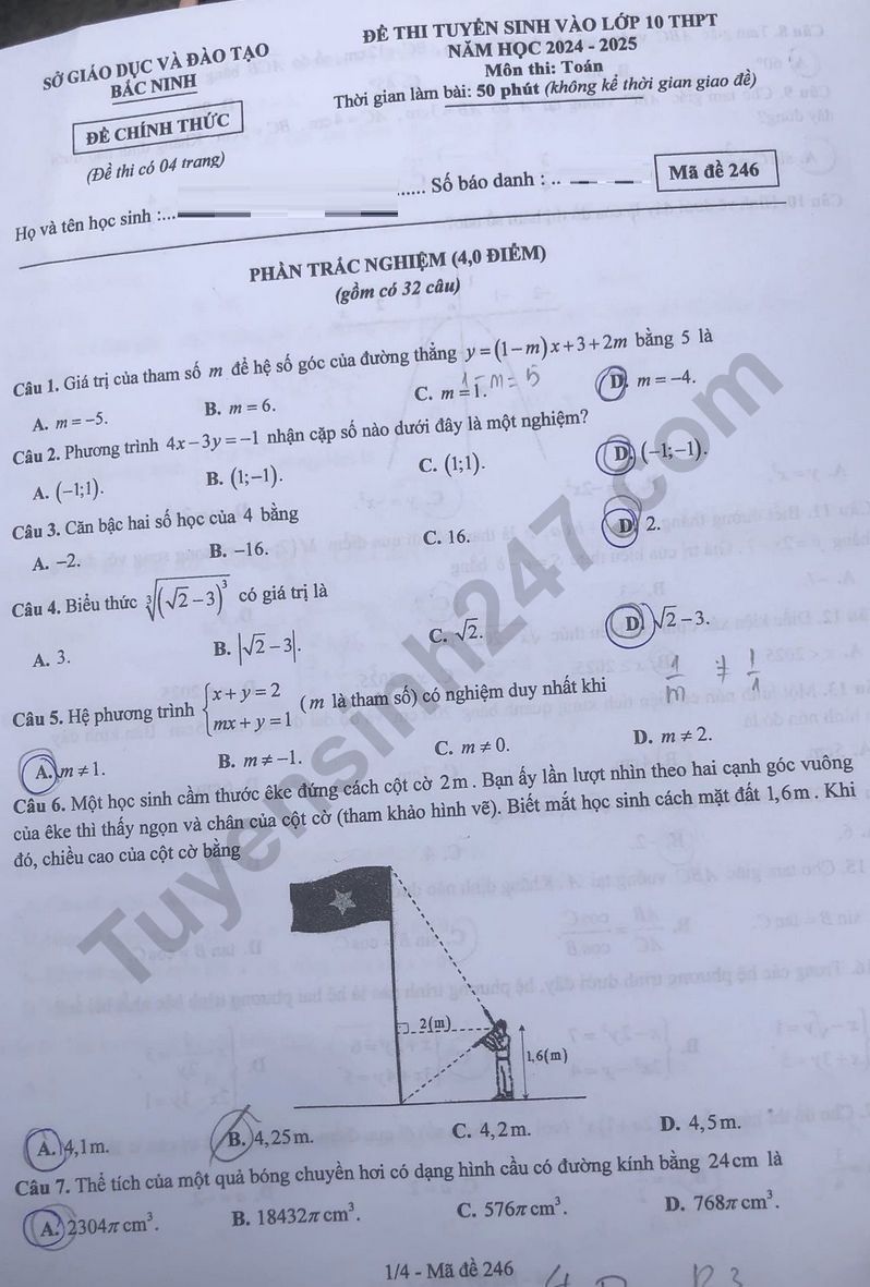 Đề thi môn Toán vào lớp 10 năm 2024 của Bắc Ninh có gợi ý đáp án- Ảnh 2.