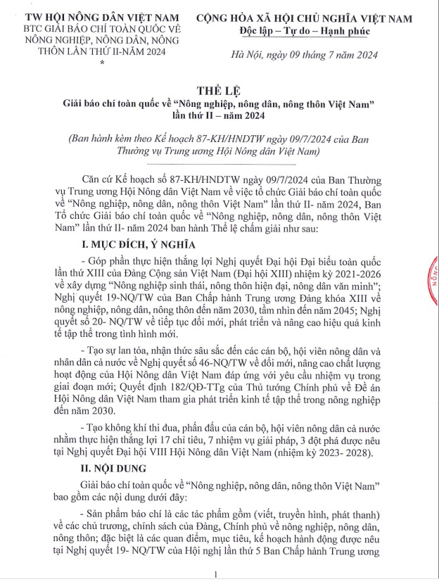 Toàn văn: Thể lệ Giải báo chí toàn quốc về "Nông nghiệp, nông dân, nông thôn Việt Nam" lần thứ II- năm 2024- Ảnh 1.