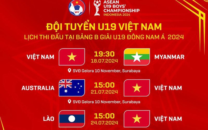 Lịch thi đấu của U19 Việt Nam tại giải U19 Đông Nam Á 2024