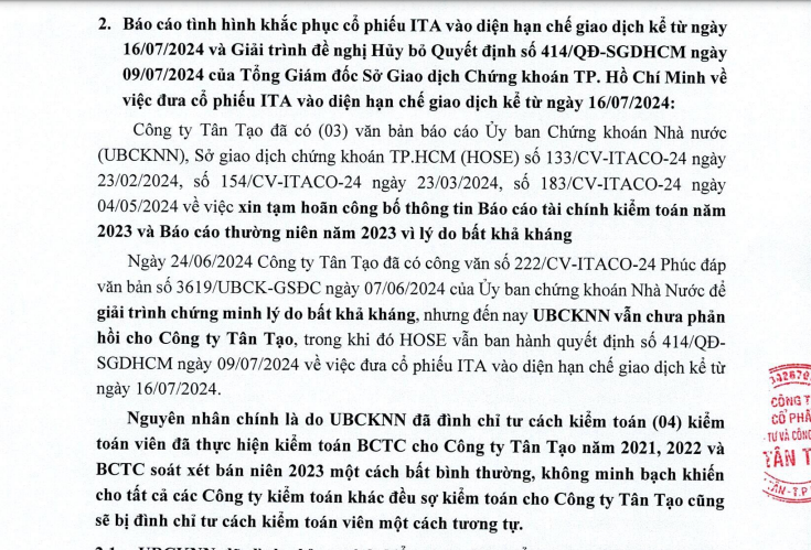 Lần thứ 7 Tân Tạo (ITA) "khẩn thiết" đề nghị HoSE xem xét đưa cổ phiếu ra khỏi các diện đặc biệt- Ảnh 1.