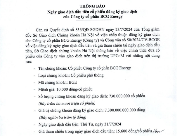 730 triệu cổ phiếu BGE của BCG Energy sắp "chào sàn" UPCoM với giá 15.600 đồng/cp- Ảnh 1.