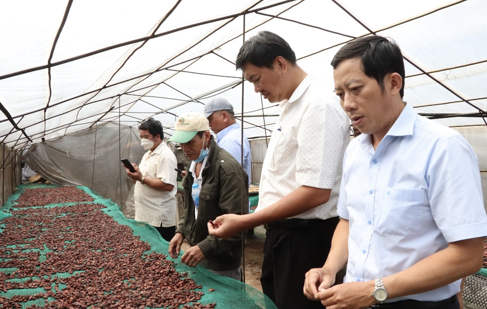 Lãnh đạo Hội Nông dân tỉnh Bà Rịa – Vũng Tàu đưa hội viên nông dân tham quan khu vực sơ chế hạt ca cao của HTX TM-DV nông nghiệp xã Xà Bang (huyện Châu Đức). Ảnh: Hội Nông dân tỉnh Bà Rịa – Vũng Tàu