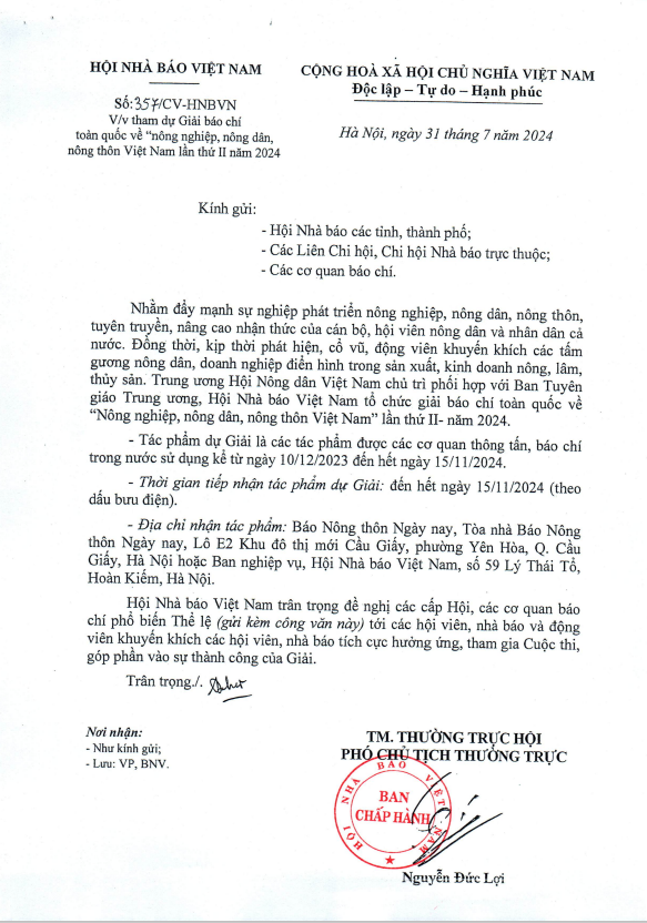 Hội Nhà báo Việt Nam kêu gọi tham gia Giải báo chí toàn quốc về "nông nghiệp, nông dân, nông thôn Việt Nam" năm 2024- Ảnh 1.