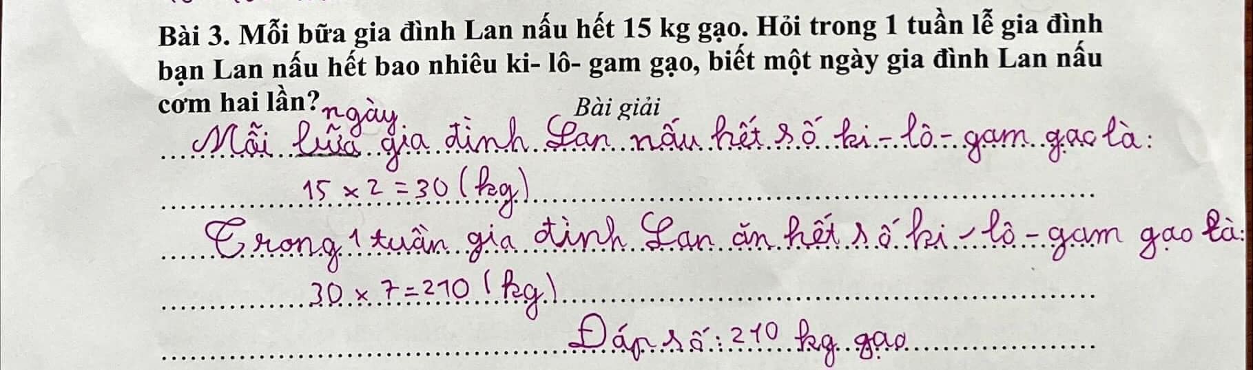 Bài toán tiểu học khiến phụ huynh hốt hoảng: "Mỗi bữa gia đình Lan nấu hết 15kg gạo" - Ảnh 1.