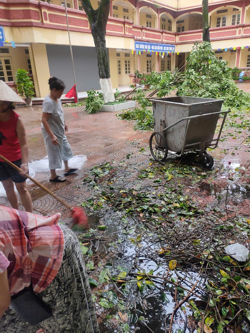 Trường học bật gốc cây, ngập nước, vỡ kính sau cơn bão số 3 (YAGI) càn quét - Ảnh 1.