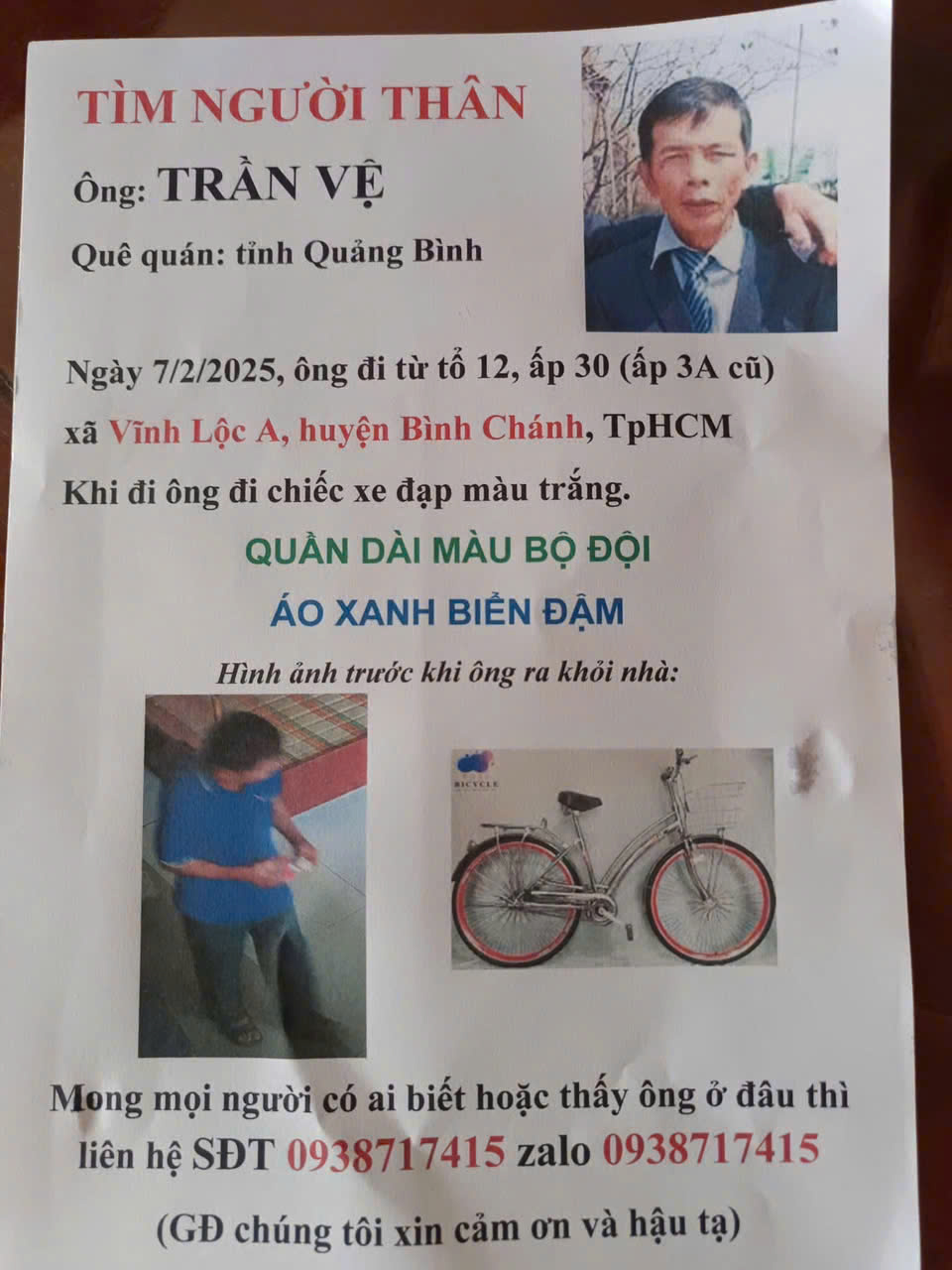 Người đàn ông mới từ quê vào chở cháu đi học rồi mất liên lạc với gia đình nhiều ngày ở Bình Chánh - Ảnh 1.