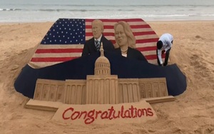 Clip: Nghệ sĩ cát điêu khắc ông Joe Biden và bà Kamala Harris mừng lễ nhậm chức tổng thống