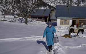 Cảnh lội tuyết để tiêm ngừa Covid-19 cho người dân trên dãy Himalaya