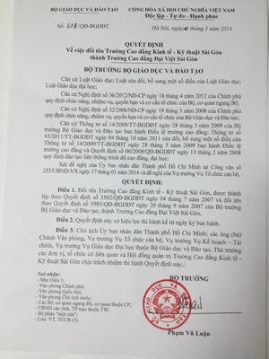 Đổi tên CĐ Kinh tế Kỹ thuật Sài Gòn thành CĐ Đại Việt Sài Gòn