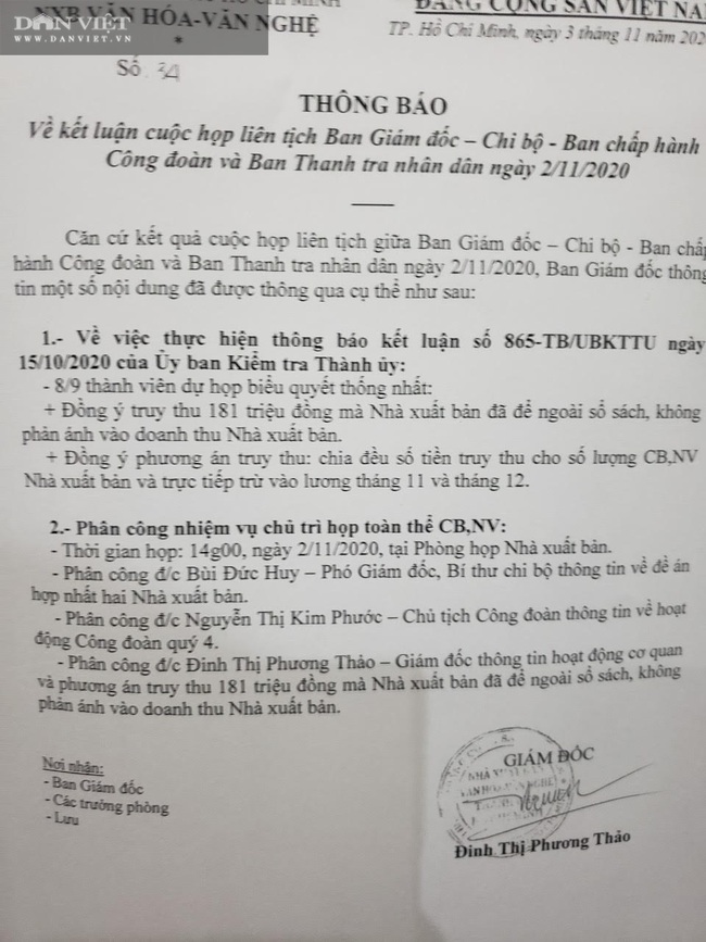 Nhà xuất bản Văn hóa – Văn nghệ TP.HCM: Chi, để ngoài sổ sách kế toán, rồi... trừ lương người lao động (?) - Ảnh 1.