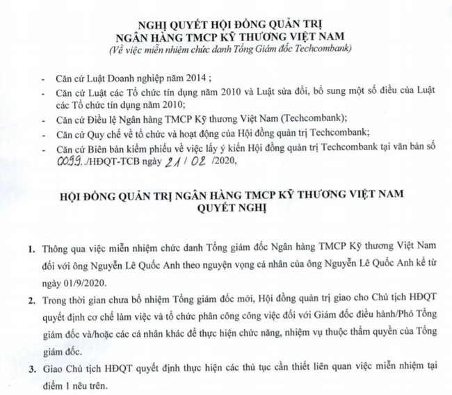 Techcombank thông qua việc miễn nhiệm Tổng giám đốc Nguyễn Lê Quốc Anh - Ảnh 1.