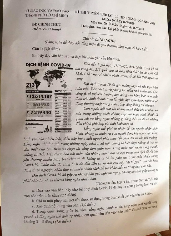 Đề thi Ngữ văn lớp 10 ở TPHCM có chủ đề lắng nghe trong dịch Covid-19 - Ảnh 1.