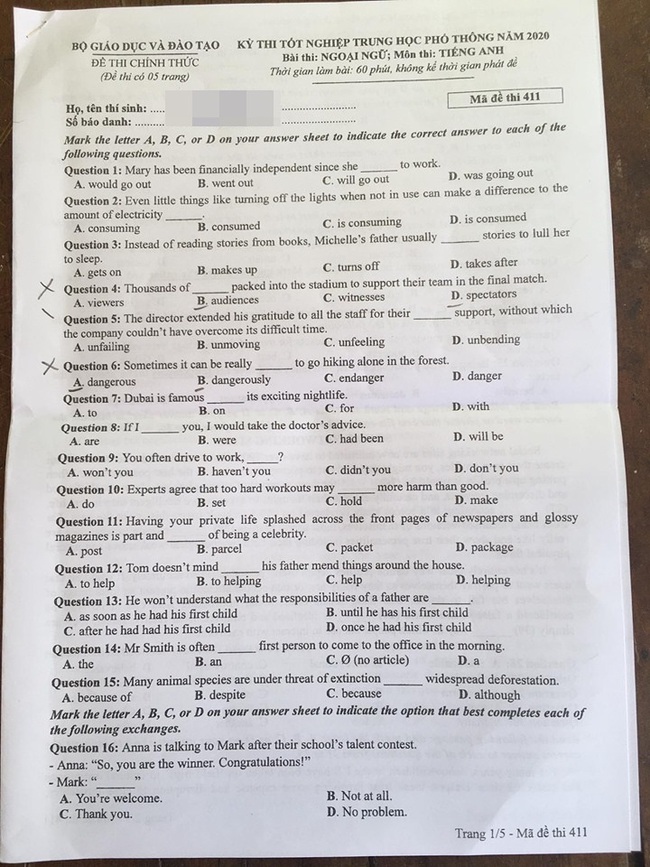Đề thi Tiếng Anh tốt nghiệp THPT Quốc gia 2020 – Mã đề 411  - Ảnh 1.