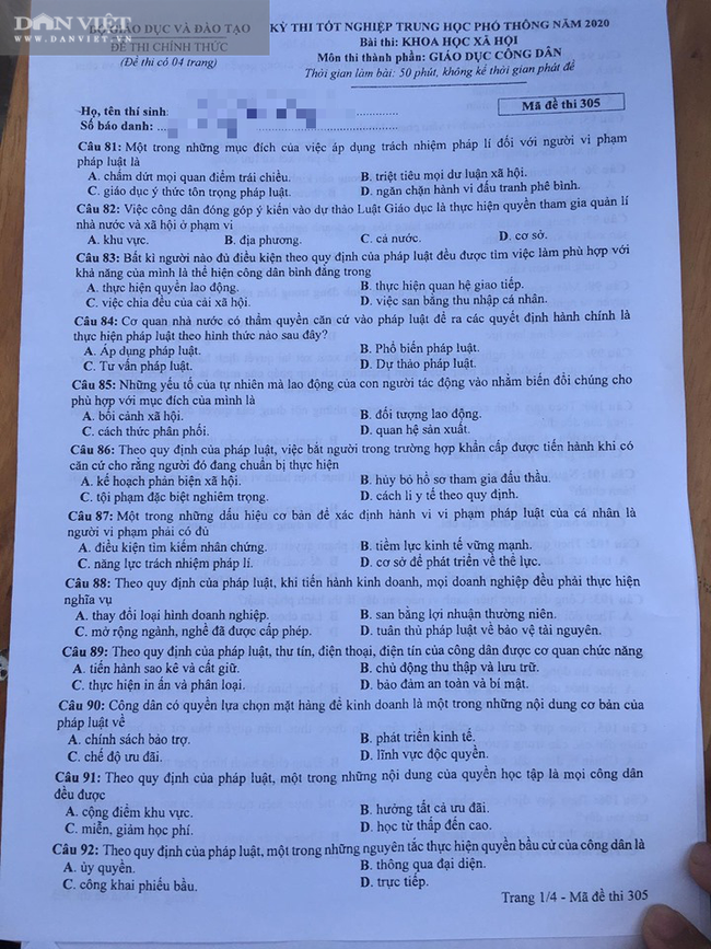 Đề thi môn Giáo dục công dân tốt nghiệp THPT quốc gia 2020 – Mã đề 305 - Ảnh 1.