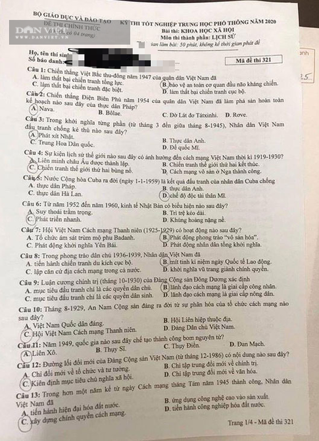 Đề thi Lịch sử tốt nghiệp THPT quốc gia 2020 – Mã đề 321 - Ảnh 1.