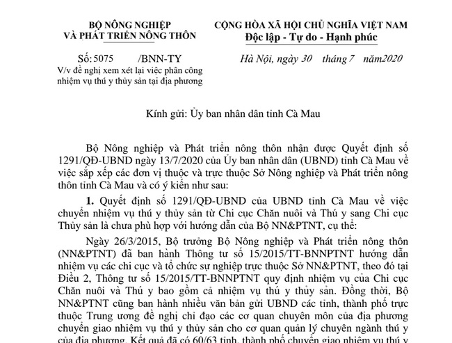 Bộ NNPTNT tiếp tục đề nghị tỉnh Cà Mau xem lại việc sắp xếp đơn vị thuộc Sở NNPTNT - Ảnh 1.