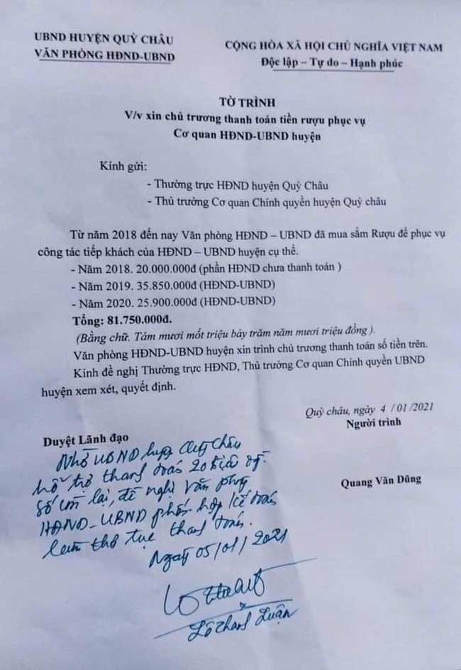 Nghệ An: Lùm xùm chuyện văn phòng huyện xin chủ trương thanh toán hơn 81 triệu tiền rượu tiếp khách   - Ảnh 1.