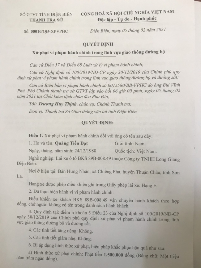 Phạt 8 triệu đồng xe khách Điện Biên chở người dương tính với Covid- 19 - Ảnh 3.