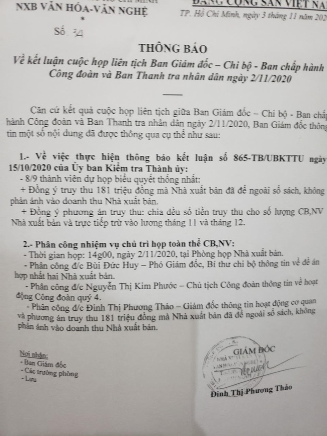 Vụ “trừ lương” ở NXB Văn hóa – Văn nghệ TP.HCM: Chuyển vụ việc lên Văn phòng Thành ủy giải quyết - Ảnh 4.