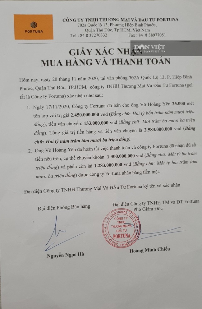 Vụ ông Võ Hoàng Yên bị tố “ăn chặn” tiền cứu trợ: Mờ ám... 25.000 mét tôn mua từ Công ty Fortuna - Ảnh 1.