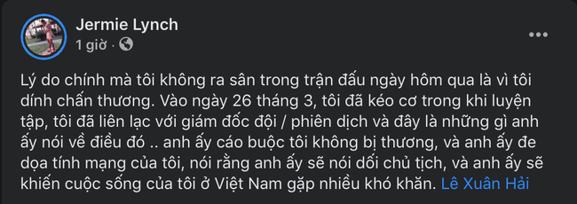 Tiền đạo của Hải Phòng tố cáo ban lãnh đạo trên trang cá nhân.