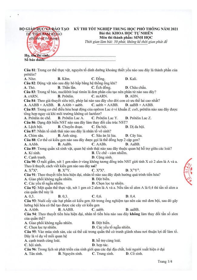 Nóng: Bộ GD-ĐT chính thức công bố đề thi minh họa THPT Quốc gia 2021 - Ảnh 14.