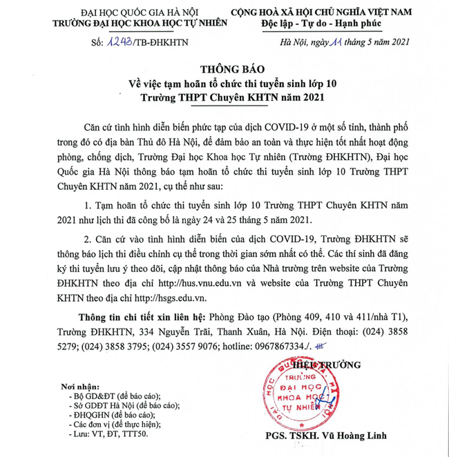 Trường đầu tiên ở Hà Nội đột ngột hoãn tổ chức thi vào lớp 10 - Ảnh 1.