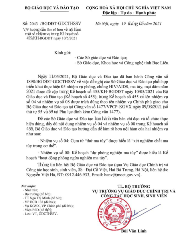 Bộ GD-ĐT ra văn bản gây xôn xao: &quot;Phối hợp thí điểm thử ma túy cho học sinh, sinh viên&quot; - Ảnh 2.