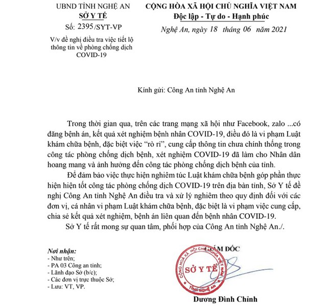 Nghệ An: Sở Y tế đề nghị Công an điều tra việc tiết lộ thông tin phòng chống Covid-19 - Ảnh 2.