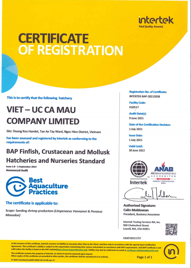 Khu phức hợp sản xuất tôm giống công nghệ cao Việt Úc Cà Mau đạt chứng nhận quốc tế BAP - Ảnh 1.