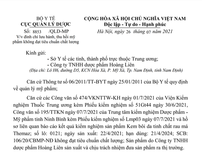 Đình chỉ lưu hành, thu hồi lô Kem bôi da tinh chất rau má Themaz không đạt chất lượng - Ảnh 1.