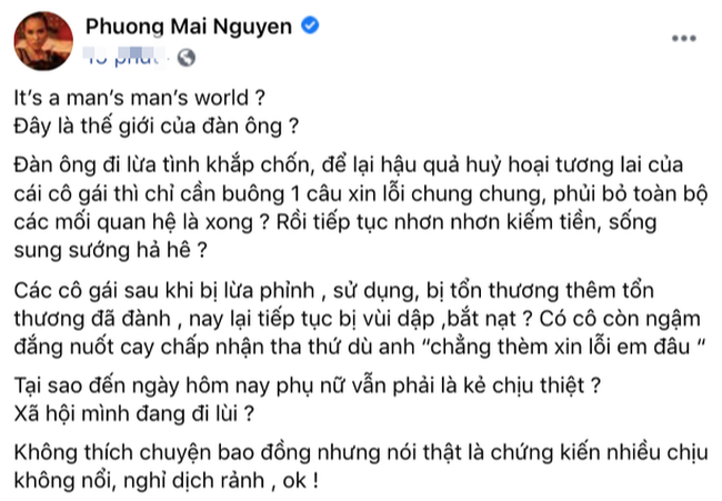 MC Phương Mai phát ngôn gắt sau lời xin lỗi của Jack: Đàn ông đi lừa tình khắp chốn rồi nhơn nhơn kiếm tiền sống sung sướng? - Ảnh 1.