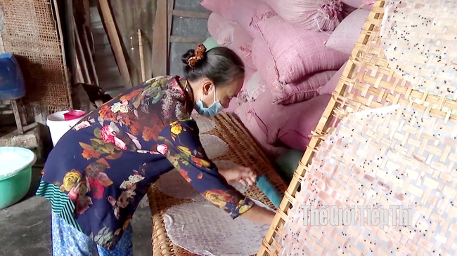 Bà Nguyễn Thị Xuân Diệu trải bánh ra phên để chuẩn bị phơi nắng. Ảnh: Lâm Khoa